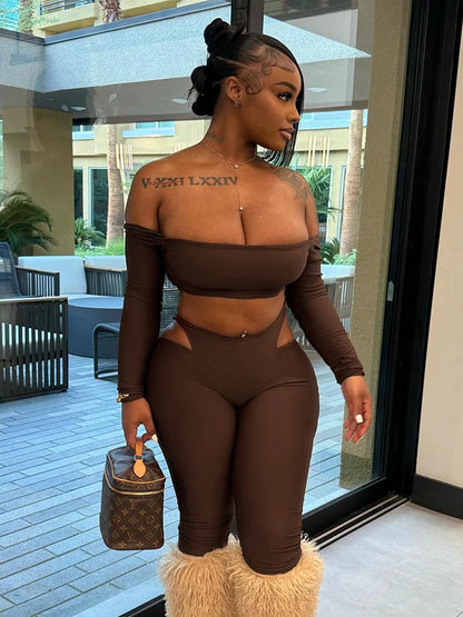 Tight Women 2 Piece Set Slash Neck Crop Tops+High-Waist Hollow Leggings Matching Streetwear Casual Sporty Outfits