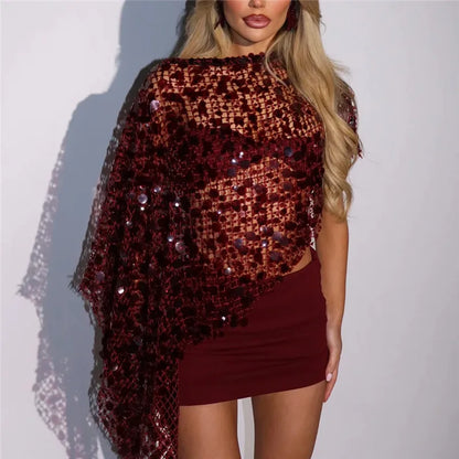 Women Sparkly Sequin Mesh Cape Cover Up Irregular Hem Sheer Fishnet Poncho Shawl For Party Rave Festival Tops