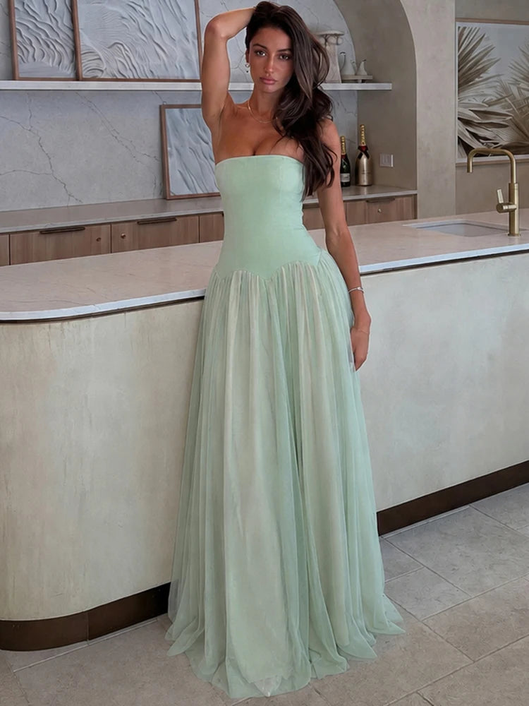 Mesh Patchwork Gown Dress Woman Sexy Wrap Chest Backless Shape Waist Robe Midnight Prom Party Ruched Elegant Vestidos