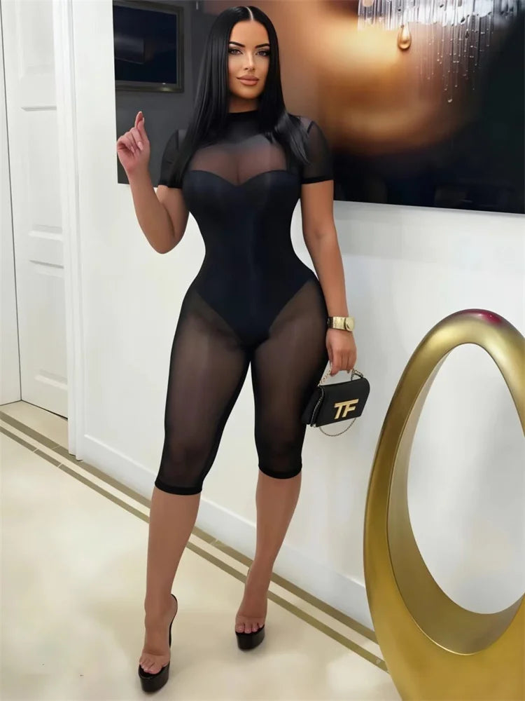 See Through Playsuits Women o-Neck Half Short-Sleeve High Elasticity Skinny Sexy Midnight Simple Classic Rompers