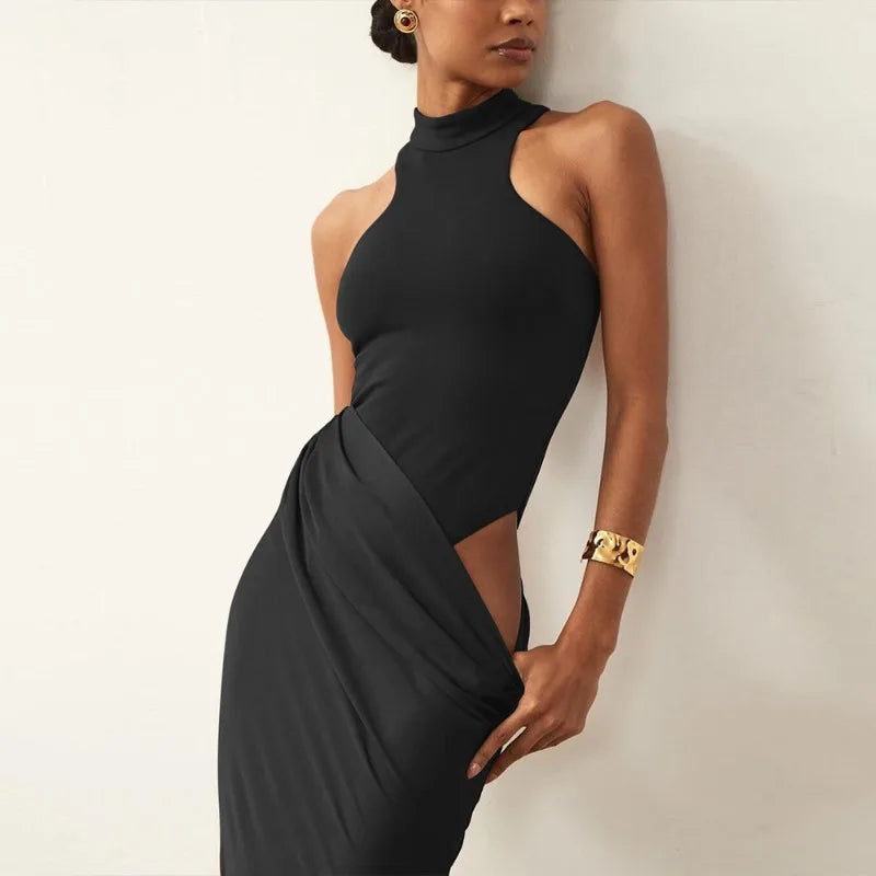 Satin Patchwork Hollow Long Dresses Elegant Woman Clothes Sleeveless Fishtail Maxi Dress