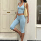 Trend Simple 2 Piece Set Women Fashion Haler Backless Low-Neck Tank Top+Ruched Patchwork Capri  Pants Street Suits
