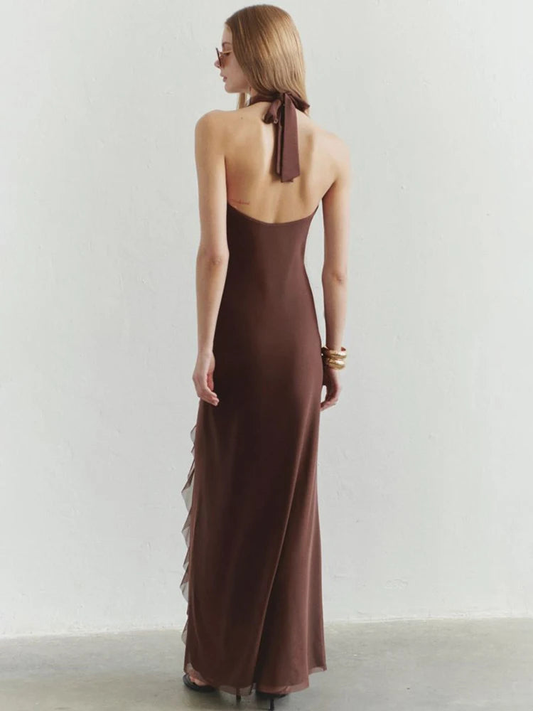 Halter Off-shoulder Ruffle Sexy Maxi Dress Women Fashion V Neck Sleeveless Backless Bodycon Club Party Long Dress