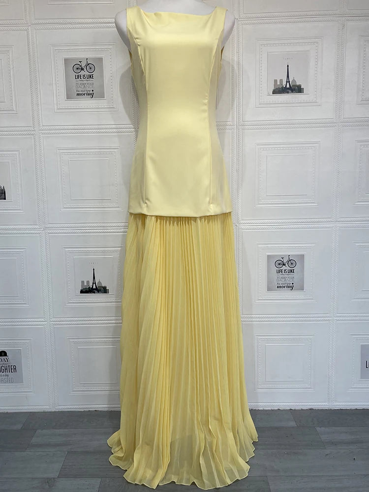 Elegant Two Piece Maxi Dress Women Fashion Boat Neck Sleeveless Bodycon Pleated Club Party Long Dress Female Vestidos