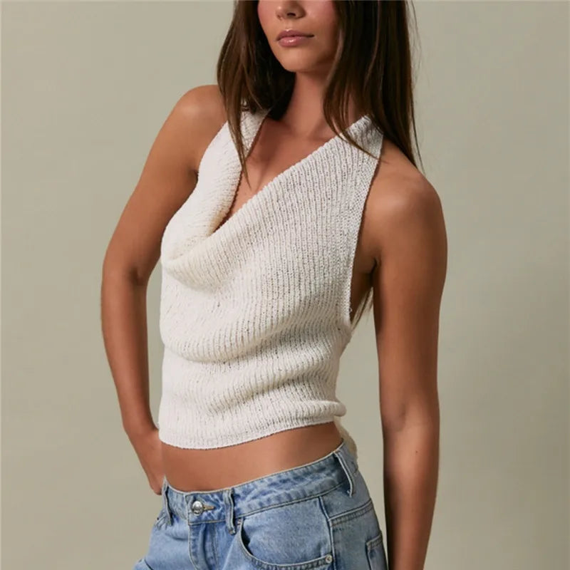 Retro Y2K Cowl Neck Knit Halter Top with Open Back Tie Cropped Sleeveless Sweater for Grunge Streetwear Urban Outfits
