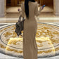 Women Halter Neck Backless Sexy Maxi Dress Long Sleeve Draped Pleated Elegant Wedding Guest Evening Party Long Dress