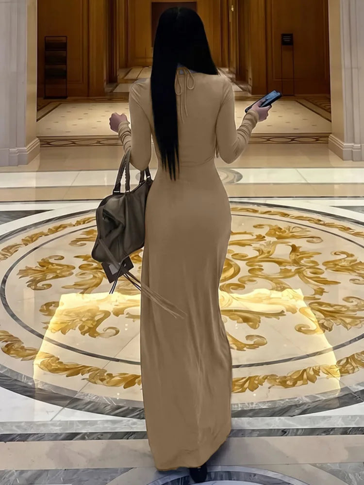 Women Halter Neck Backless Sexy Maxi Dress Long Sleeve Draped Pleated Elegant Wedding Guest Evening Party Long Dress