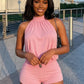 Folds Playsuits Women Metal Decoration Turtleneck Halter Bandage Backless Sleeveless Sexy  High Stretch Summer Outfits