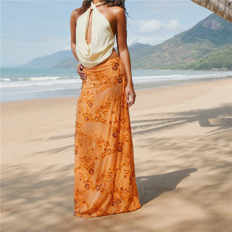 Women Sequin Beaded Maxi Skirt Y2K Sparkly High Waist Bodycon Skirt Night Out Party Glitter Long Skirt Vacation Clubwear