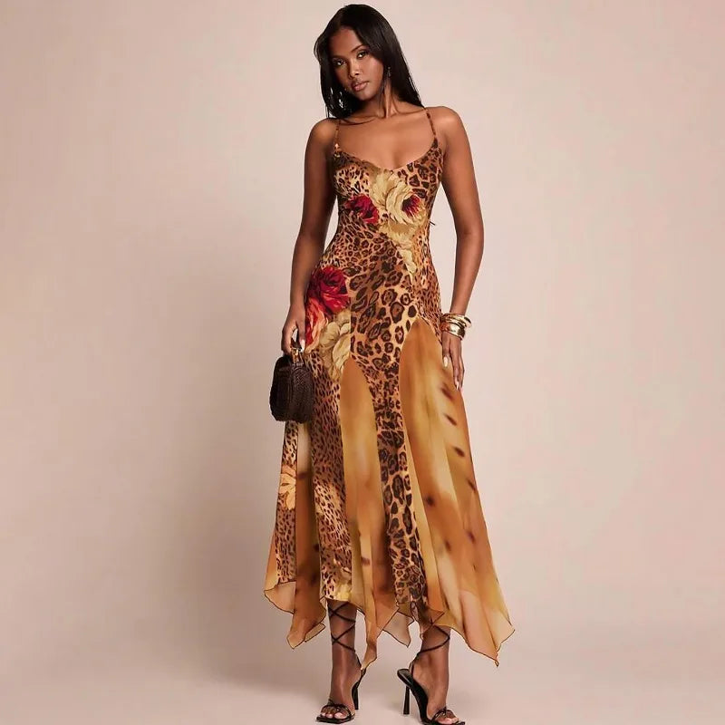 Leopard Print Mesh Splicing Sleeveless Maxi Dress Woman Fashion 2026 Sexy Summer Dresses