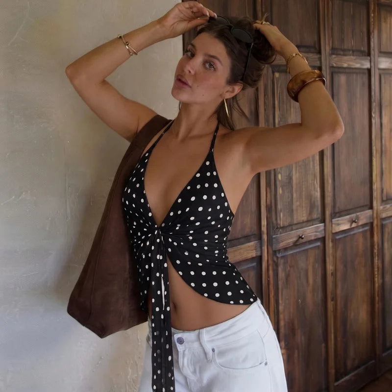 Women's Tanks Camis Retro Polka Dot Print Deep V-neck Tie Front Halter Top Women Clothing Summer 2026