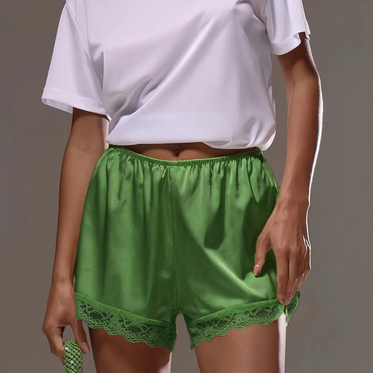 Lace Trim Satin Shorts for Women Silky Elastic Waist Mini Shorts Casual Lounge French Knickers Slip Boxer Pj Bottoms