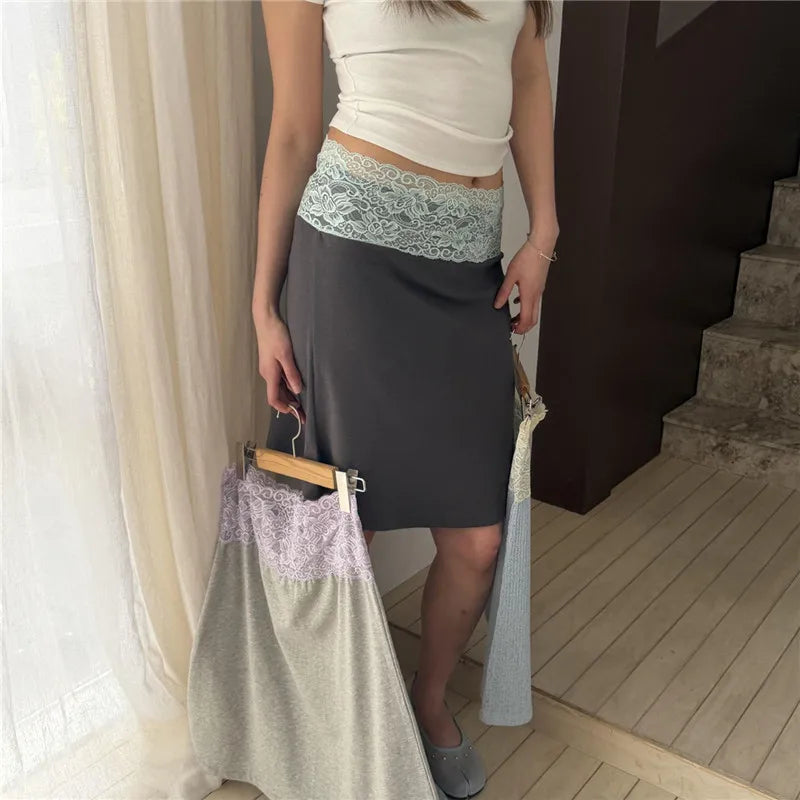 Low Waist Lace Trim Midi Skirt Women Casual Solid/Striped Bodycon Skirt Y2K Streetwear Fashion Mid-Length Pencil Skirt