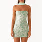 Fashion Women Summer Sequin Mini Bandeau Dress Sleeveless Off Shoulder Flower Embroidery Tube Top Dress with Scarf