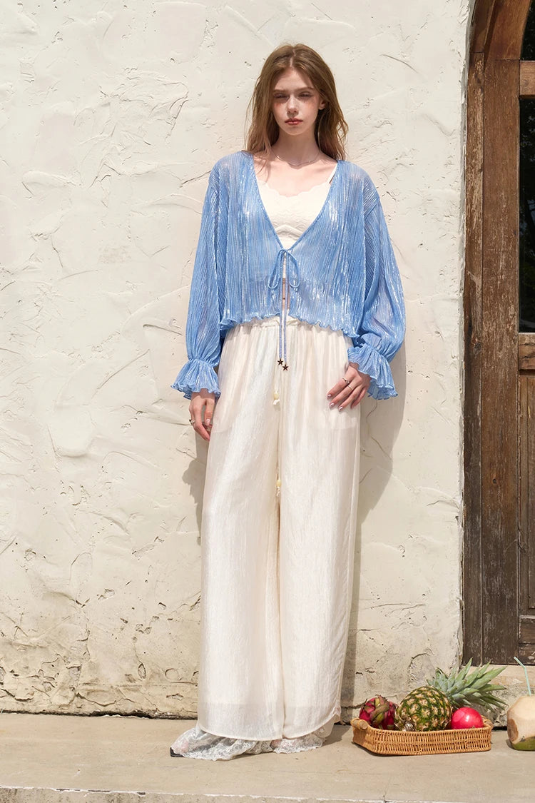 Women's Sheer Shimmer Knit Cardigan with Flared Cuffs, Thin Open Front Blue Shrug for Sun Protection, Holiday Crop Top