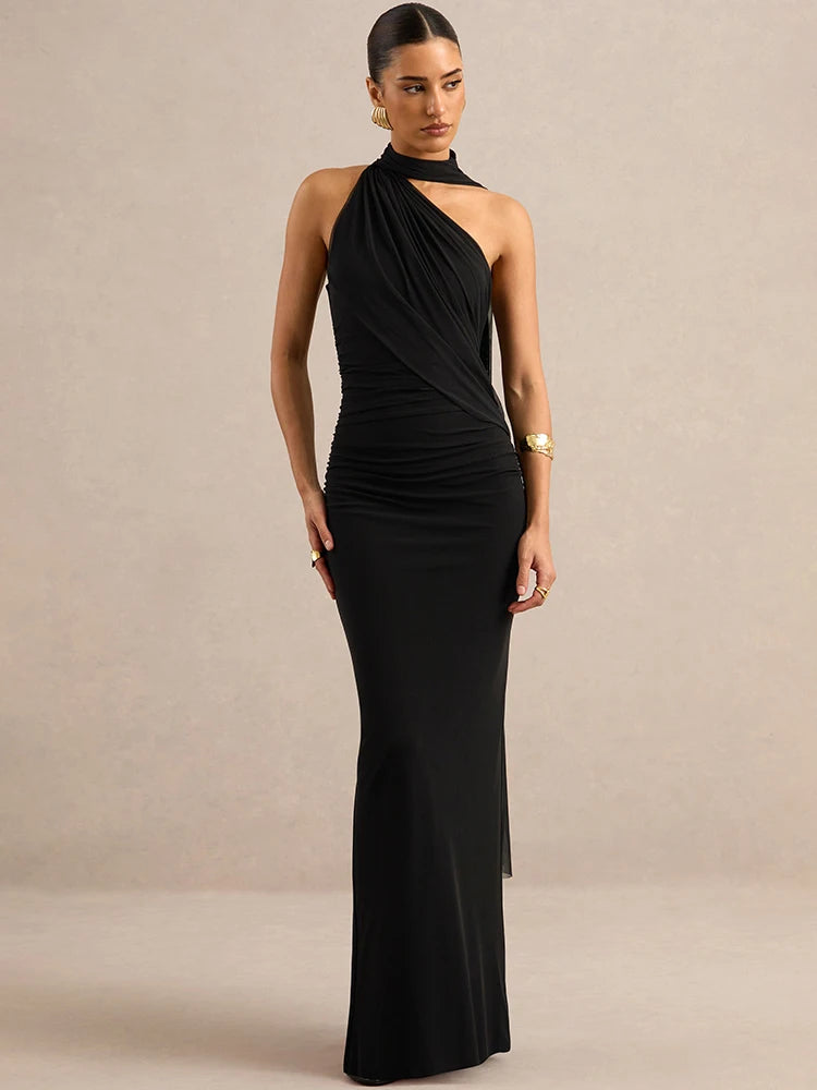 Women Halter Neck Draped Ruched Maxi Dress Sleeveless Backless Split Bodycon Evening Elegant Wedding Party Long Dress