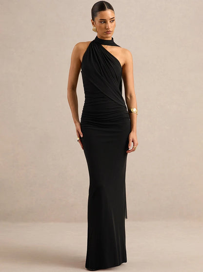 Women Halter Neck Draped Ruched Maxi Dress Sleeveless Backless Split Bodycon Evening Elegant Wedding Party Long Dress