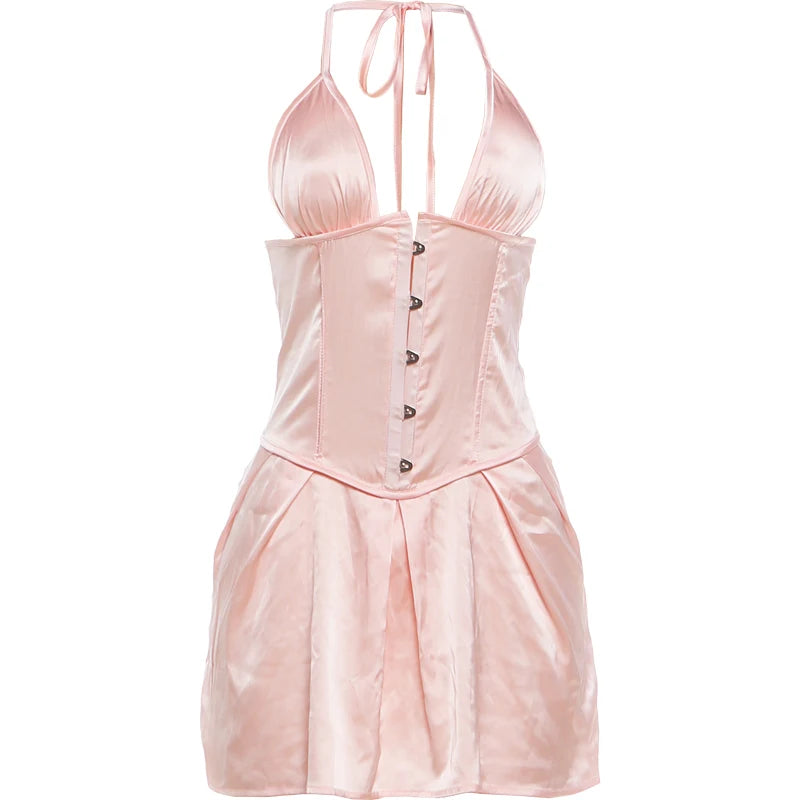 Sexy Backless Mini Dress Woman Lace-Up Halter Single-Breasted Shape Waist Look Slimmer Summer Elegant Style Bodycon
