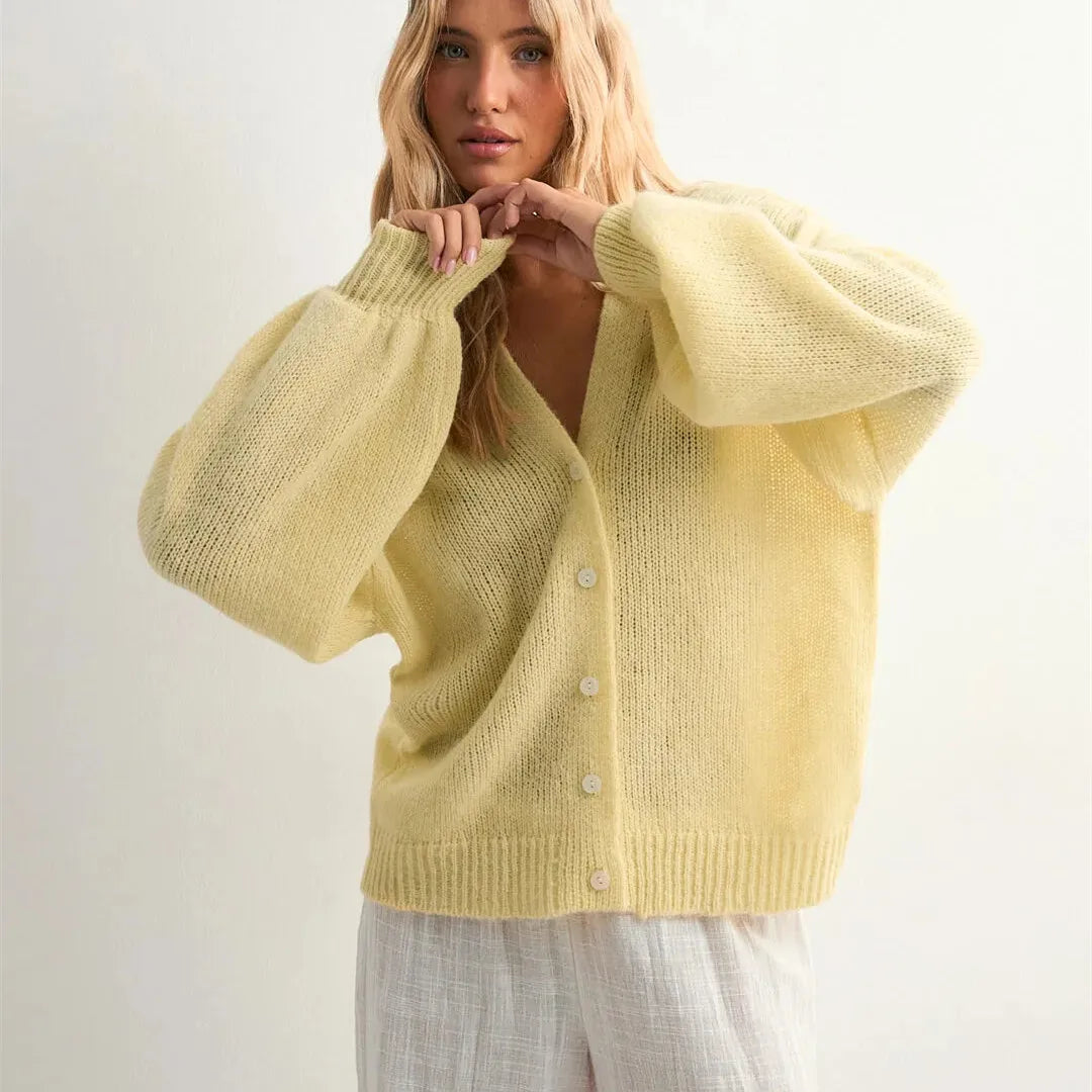 Women's Solid Color Knit Cardigan Autumn V-Neck Fuzzy Long Sleeve Button Front Closure Sweaters Winter Casual Knitwear