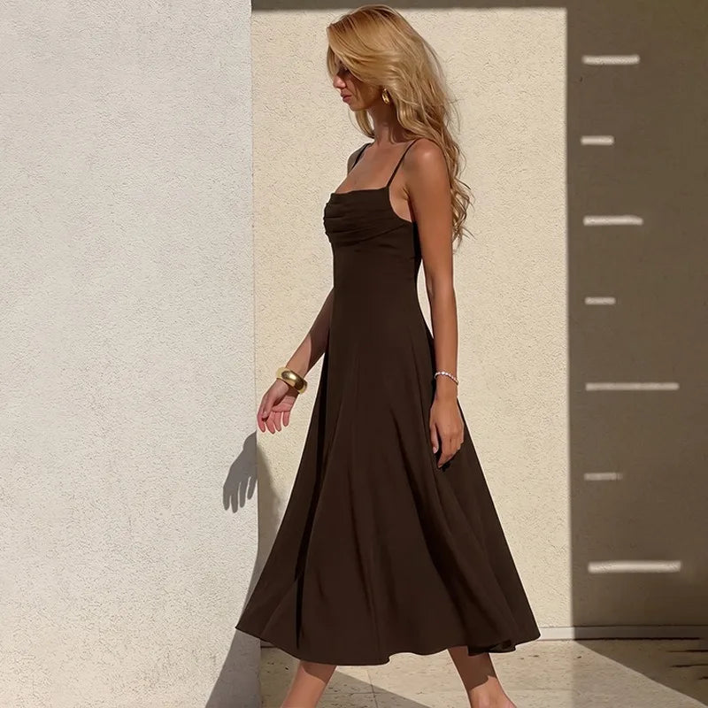Spaghetti Strap A-line Midi Dress with Draped Neckline Elegant Brown Dresses for Woman 2026