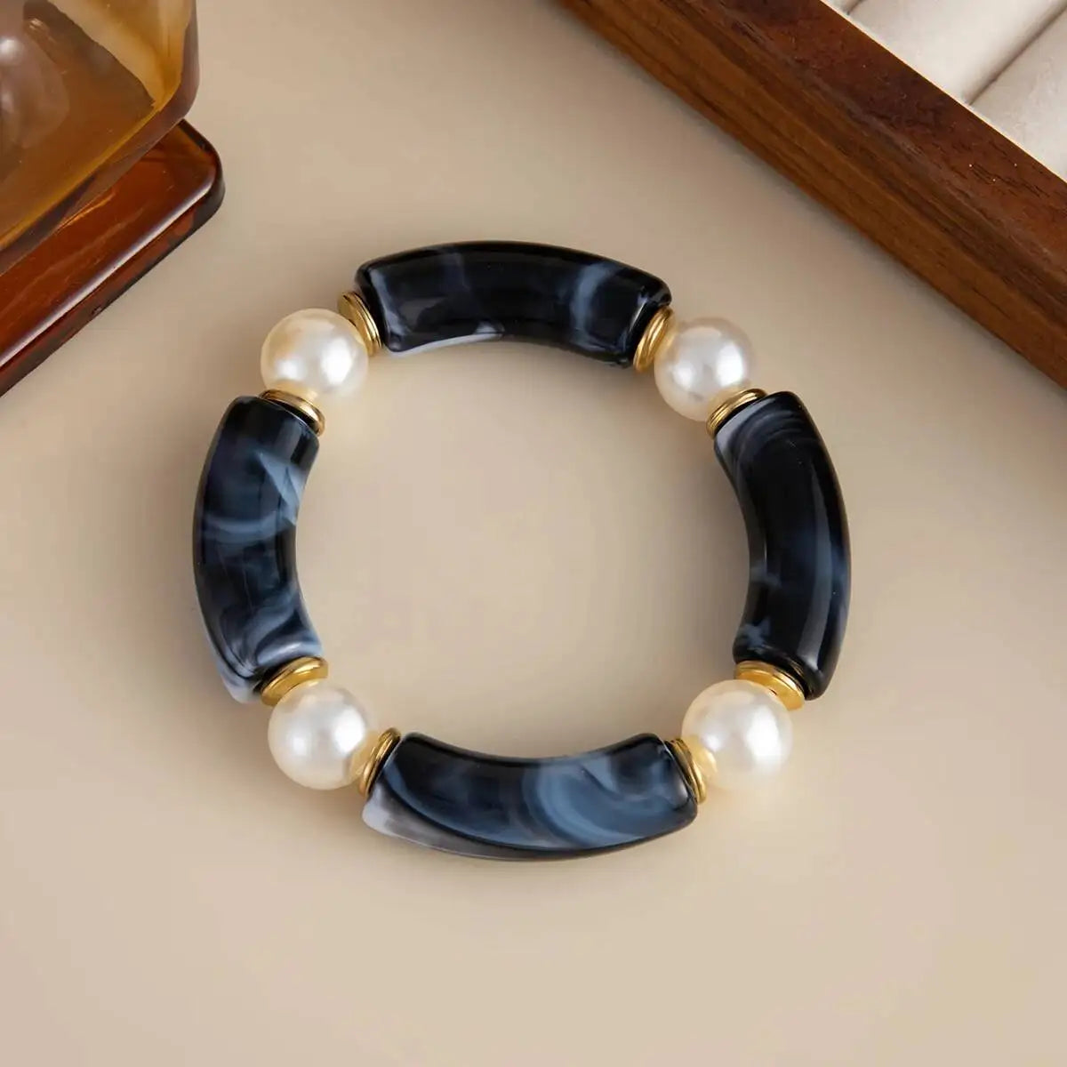 7 Styles Vintage Resin Round Tube Elastic Bangle Bracelet for Women Boho Stackable Imitation Pearl Acrylic Bead Bracelet