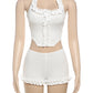 Ribbed Casual 2 Piece Set Women Ruffles Square Collar Backless Tank Tops+Skinny Shorts Versatile Style Trend Outfits