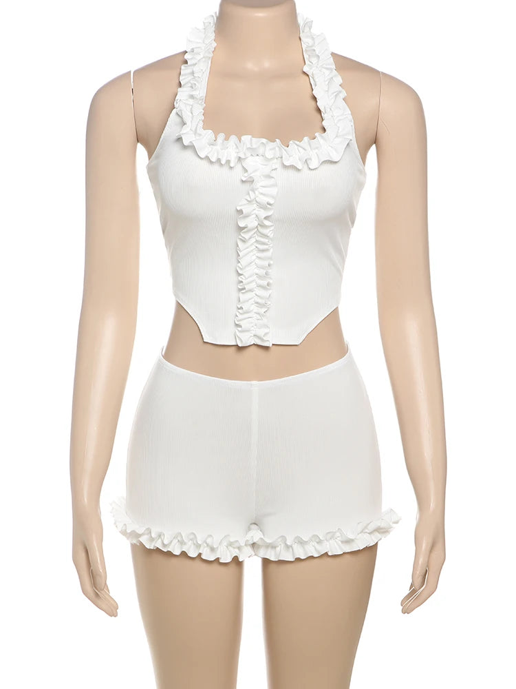 Ribbed Casual 2 Piece Set Women Ruffles Square Collar Backless Tank Tops+Skinny Shorts Versatile Style Trend Outfits
