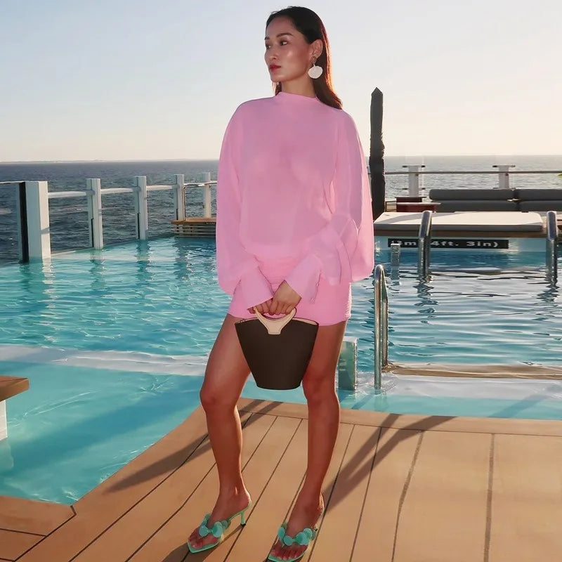 Transparent Chiffon Pink Mini Dress Sexy Outfits Women Clothes Hollow Open Back Long Sleeve Dresses Fall
