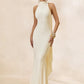 Women Sexy Mermaid Maxi Dress Halter Sleeveless With Flowing Cape Backless Bodycon Long Formal Evening Party Dress