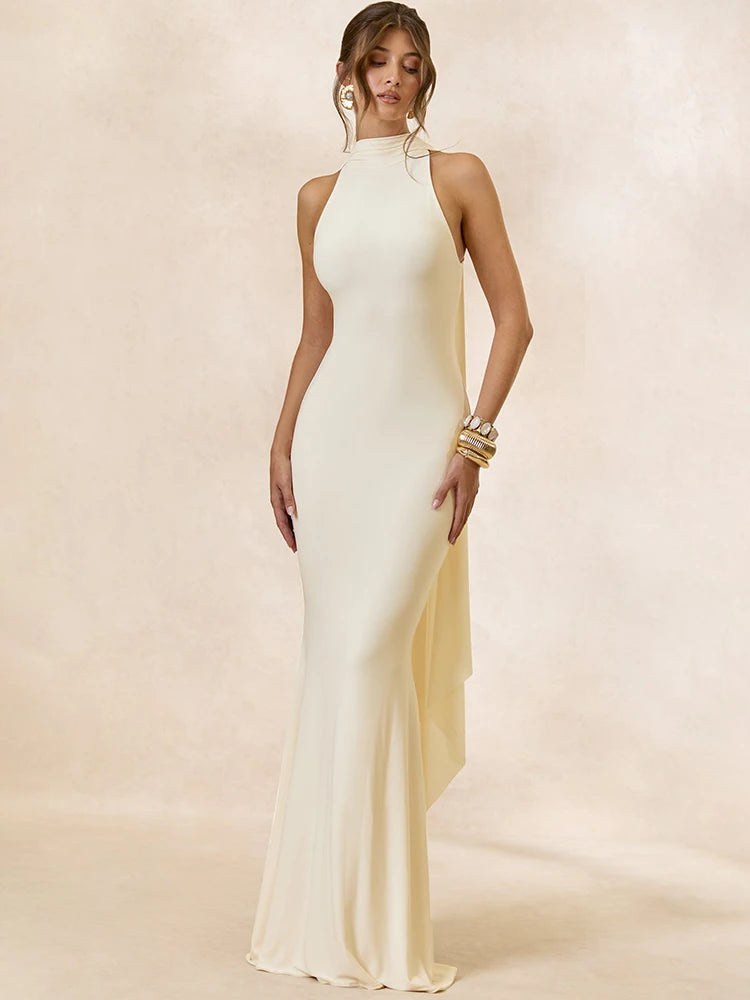 Women Sexy Mermaid Maxi Dress Halter Sleeveless With Flowing Cape Backless Bodycon Long Formal Evening Party Dress