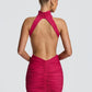 Halter High Neck Sexy Mini Dress Women Elegant Draped Ruched Waist Cutout Bodycon Cocktail Club Party Dress Fashion