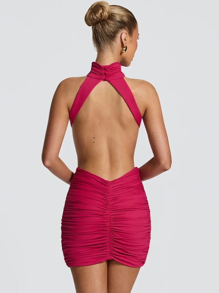 Halter High Neck Sexy Mini Dress Women Elegant Draped Ruched Waist Cutout Bodycon Cocktail Club Party Dress Fashion