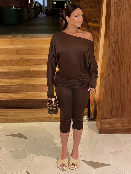 Fashion 2 Piece Set Women Tracksuit Inclined Shoulder Crop Tops+Lapel Bike Shorts Matching Streetwear Slim Casual Outfits