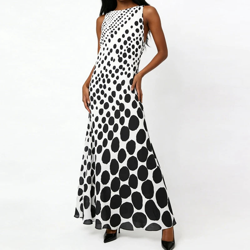 Women's Summer Tank Maxi Dress Elegant Lady Dots Print Sleeveless Boat Neck Long Dress for Party Date Night Wear