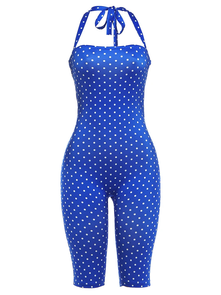 Polka Dot Print Backless Rompers Woman Summer Sexy Bandage Halter Sleeveless Skinny Peach Hip Streetwear Playsuits