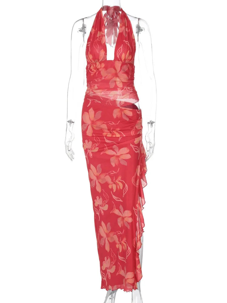Halter Deep V Neck Ruffled Sexy Maxi Dress For Women Fashion Sleeveless Backless High Waist Bodycon Club Printed Dress