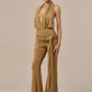 Halter Deep V Neck Sexy Jumpsuit Women Elegant Sleeveless Backless Draped Ruched Waist Skinny Club Party Dresses