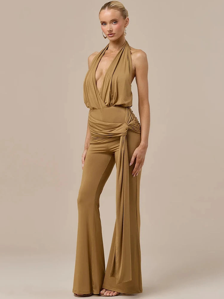 Halter Deep V Neck Sexy Jumpsuit Women Elegant Sleeveless Backless Draped Ruched Waist Skinny Club Party Dresses