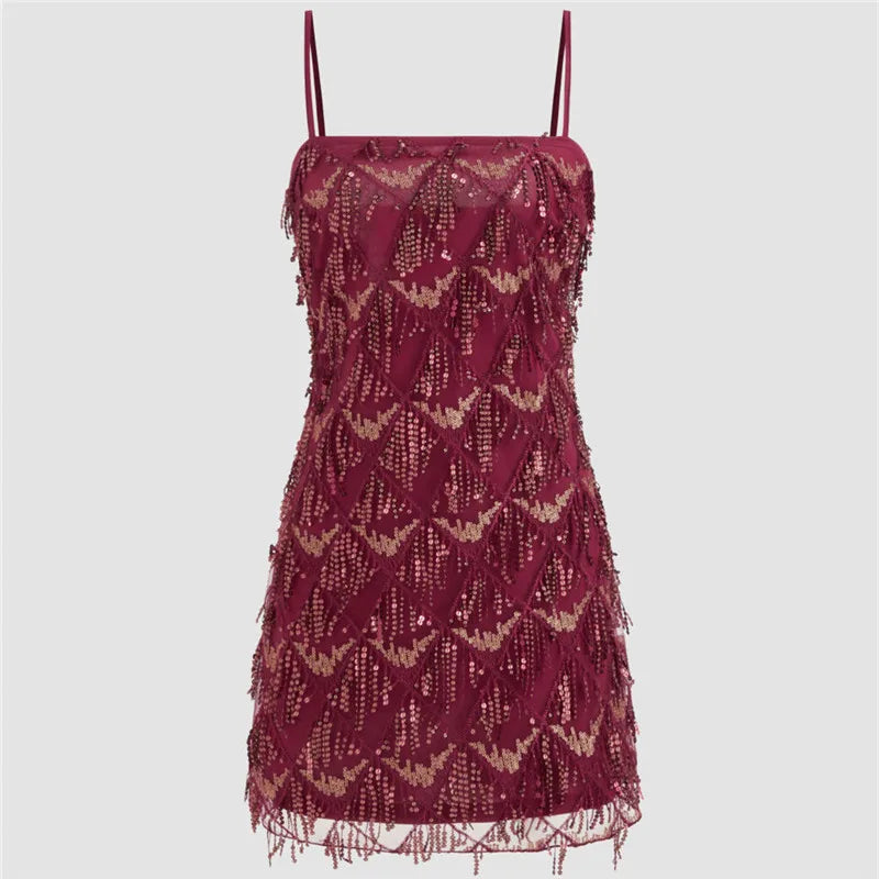 Women Y2K Sparkly Sequin Fringe Mini Dress Spaghetti Strap Bodycon Cocktail Dress for Nightclub Party Music Festival