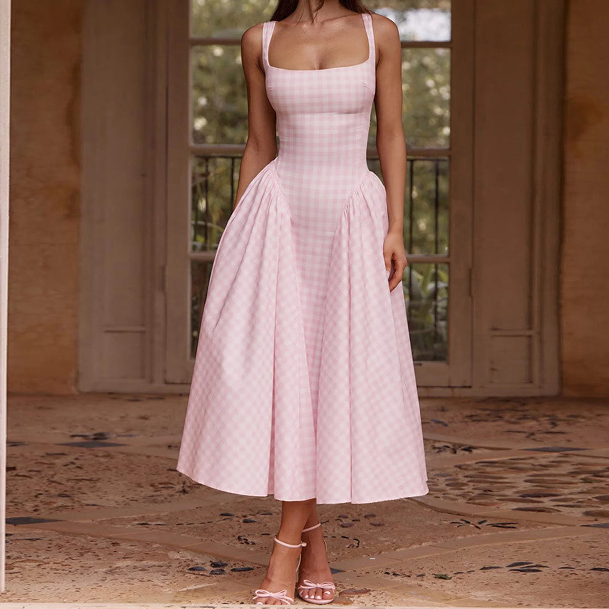Women Sleeveless Corset Dress Summer Plaid Print Backless A-Line Party Dress for Vacation Cocktail Beach Streetwear