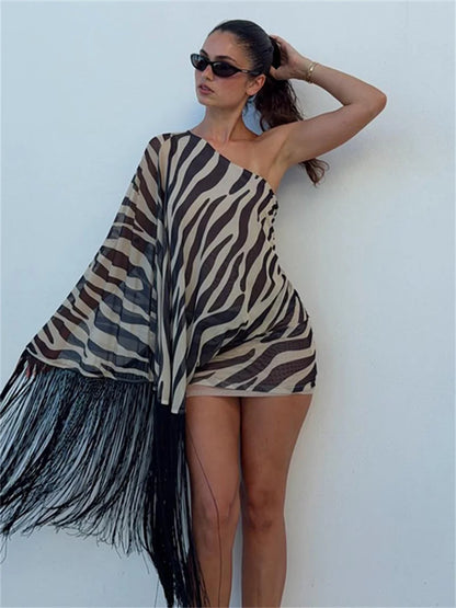 Sexy Tassel Patchwork Dress Women Elegant Zebra Stripes Skew Collar Off-Shoulder One Puff Sleeve Trend Party Bodycon