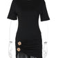 Women Black Short Sleeve Bodycon Mini Dress Elegant Round Neck Ruched Waist With Gold Button Detail Party Club Dress