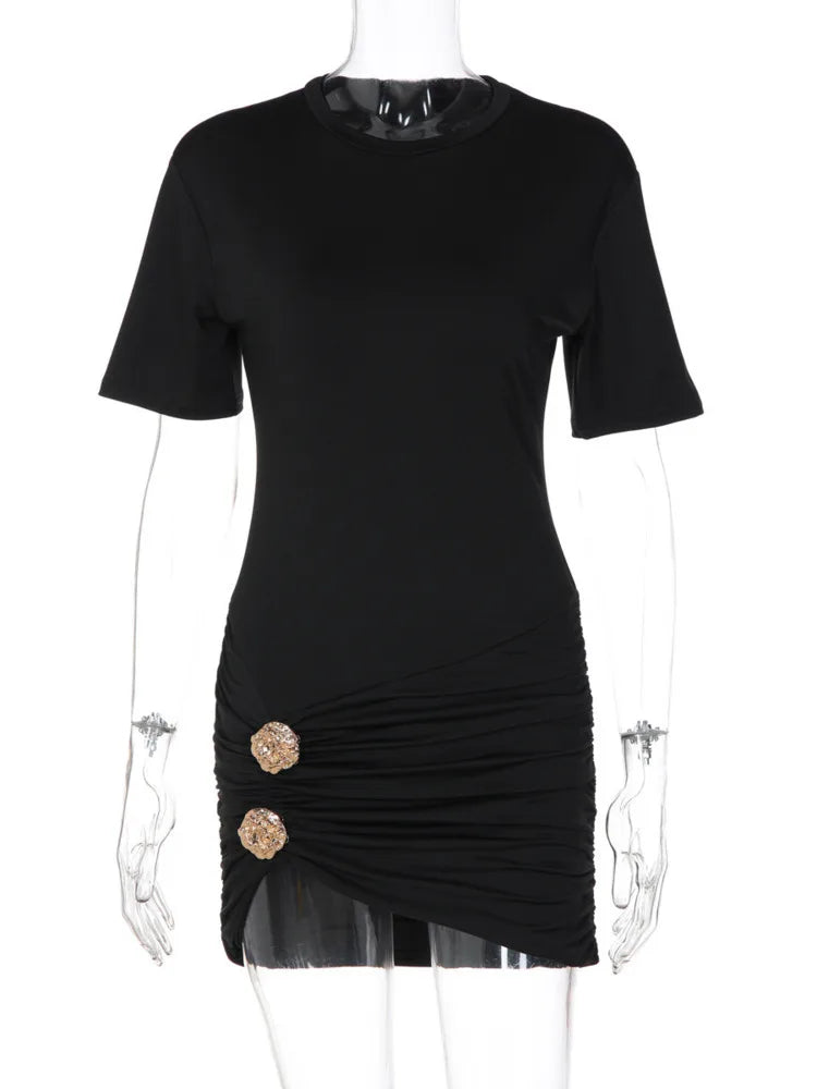 Women Black Short Sleeve Bodycon Mini Dress Elegant Round Neck Ruched Waist With Gold Button Detail Party Club Dress