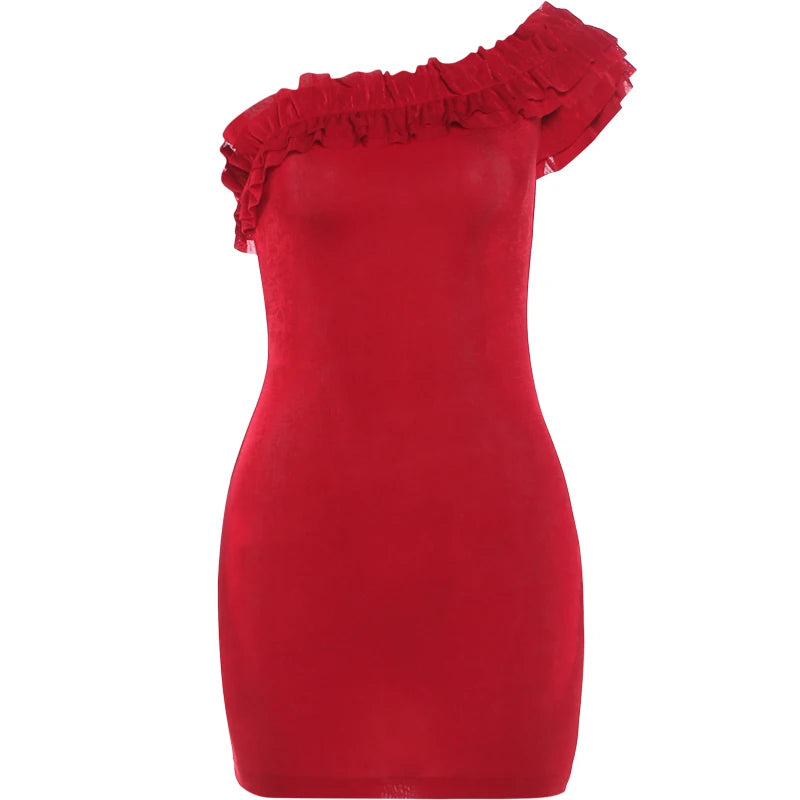 Folds Dress Women Asymmetrical Collar Sleeveless Skinny Summer Fashion Classic Party Sexy Midnight Chic Mini Bodycon