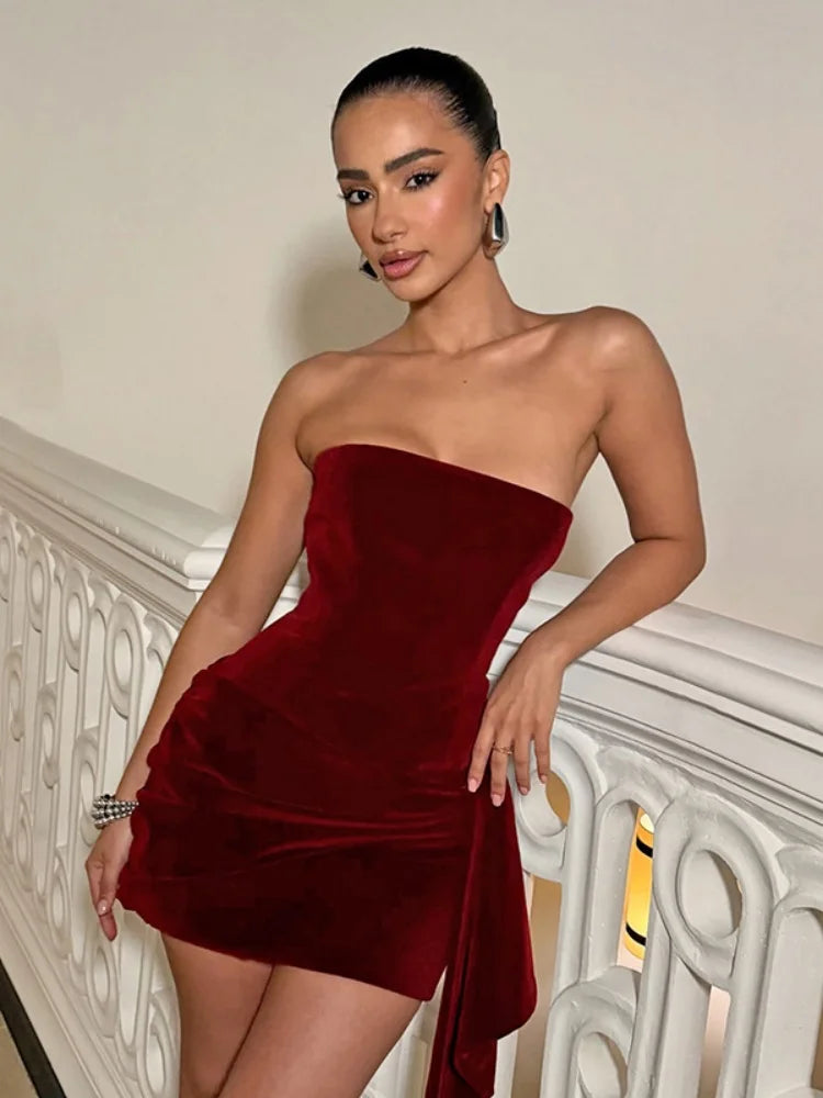 Elegant Velvet Strapless Ruched Mini Dress Burgundy Short Party Dresses Fashion Clothing Woman 2026