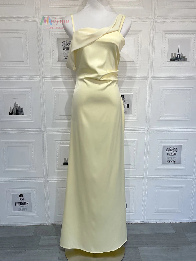 Women Satin Maxi Dress Elegant Spaghetti Strap Evening Party Gown Elegant Draped Formal Wedding Guest Long Dress