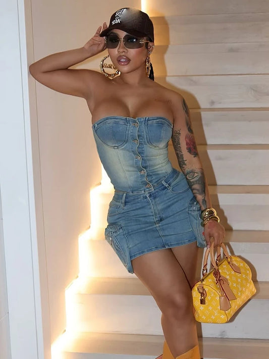 Denim Y2K Women 2 Piece Set Hipster Frock Pocket Strapless Tops+Peach Hip Skirts Matching Clubwear Vintage Outfits