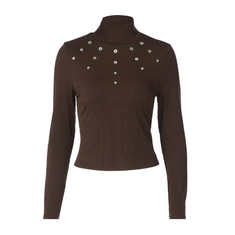 Shell Buckle Turtleneck Long Sleeve Top Brown Knit Tight Fitted T Shirts Fashion 2025 Autumn Clothes for Woman
