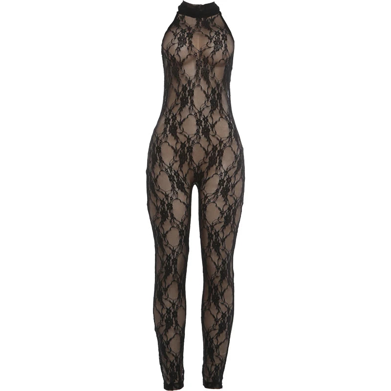 See through Backless Jumpsuit Women Sexy Wild Jacquard Bandages Halter Sleeveless Stretch High Street Party Clubwear