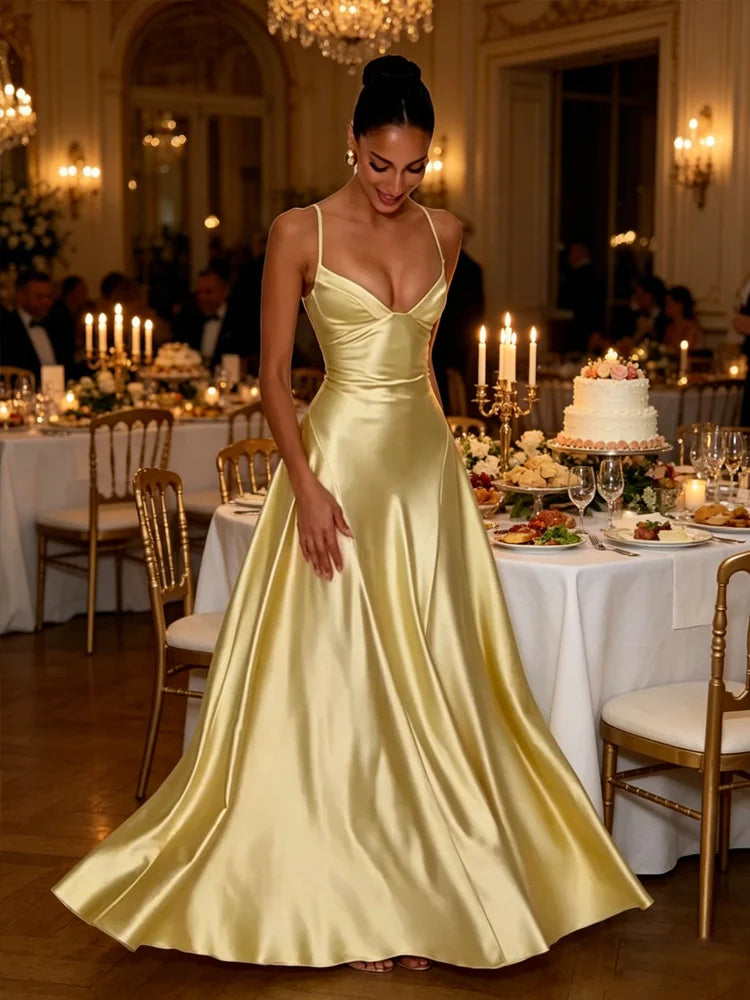 Folds Vacation Chic Satin Maxi Dress Women Low-Neck Sleeveless Skinny Elegant Birthday Party Summer New Trend Vestidos